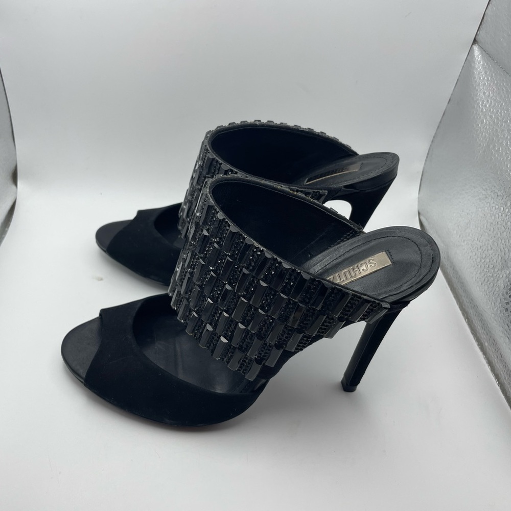 Schutz Sandalia Salto Alto nubuck black beaded high heels women’s EU 38